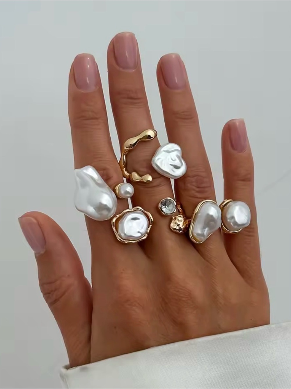 Gold Baroque Pearl Ring Set - White & Gold